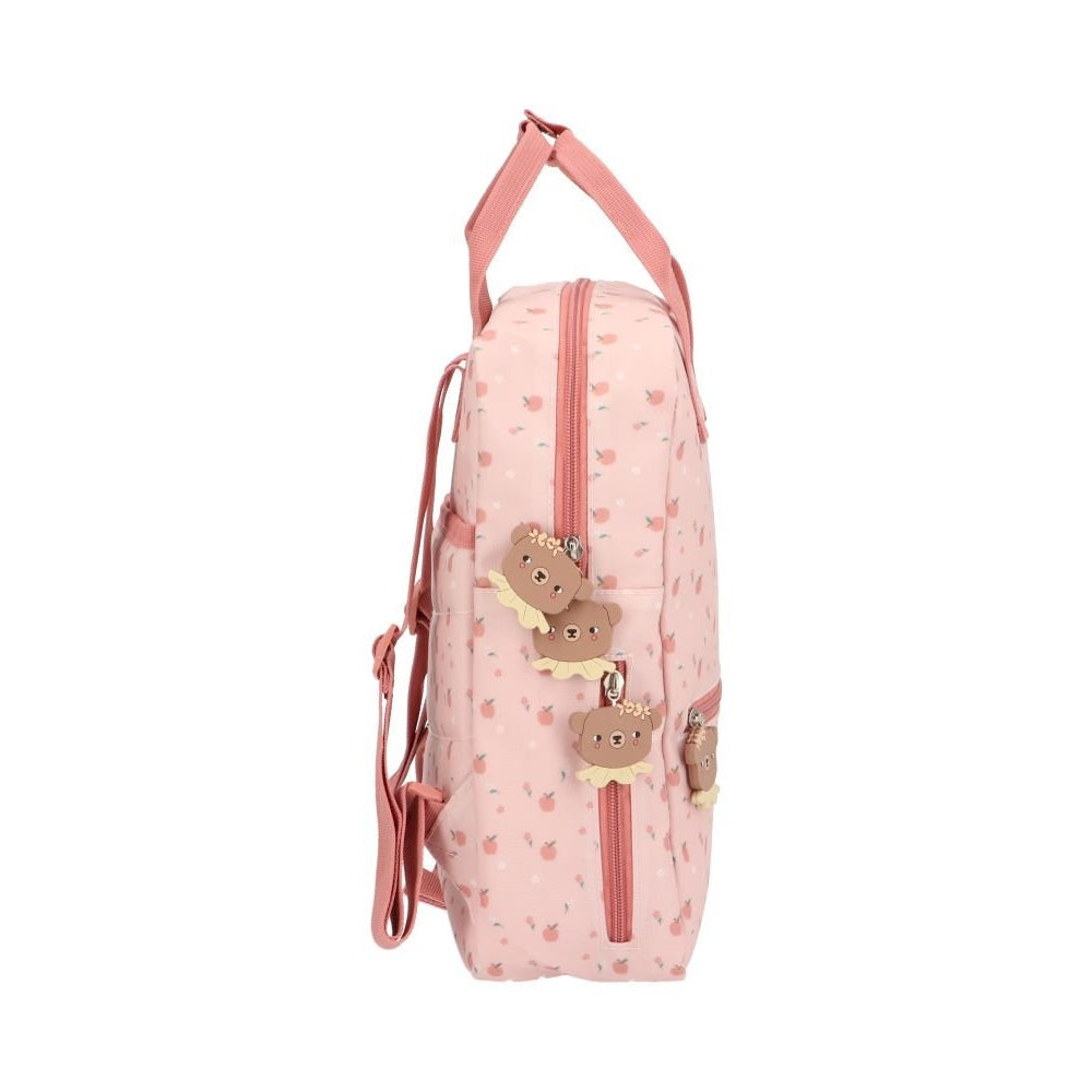 Tutete pink kids' school backpack with bear charm keychains and tiny heart print