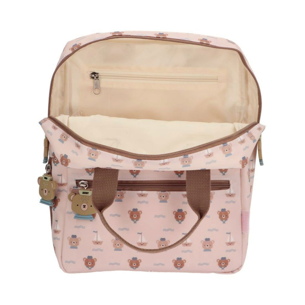 Tutete children's school backpack in pink with brown handles and bear print, zip pocket
