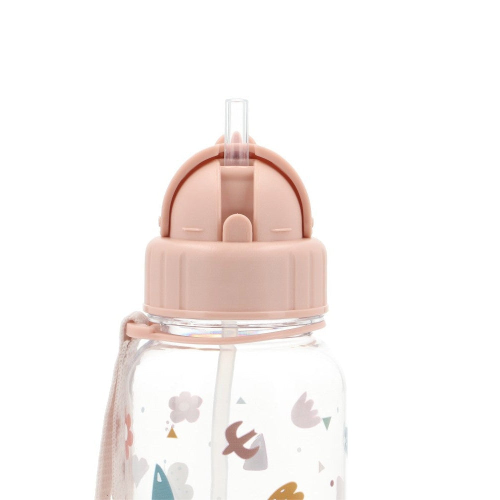 Tutete Kids Tritan Water Bottle 500 ml with pink lid, clear straw, and floral bird design