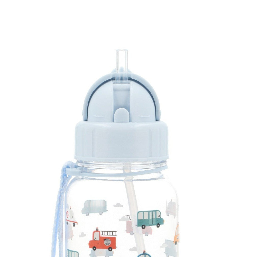 Tutete Kids Tritan water bottle 500 ml with light blue flip-top lid and straw.