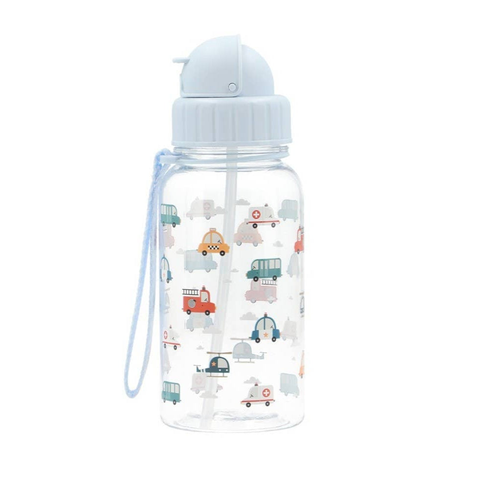 Tutete Kids Tritan Water Bottle 500 ml with clear body, light blue lid and strap, vehicle print