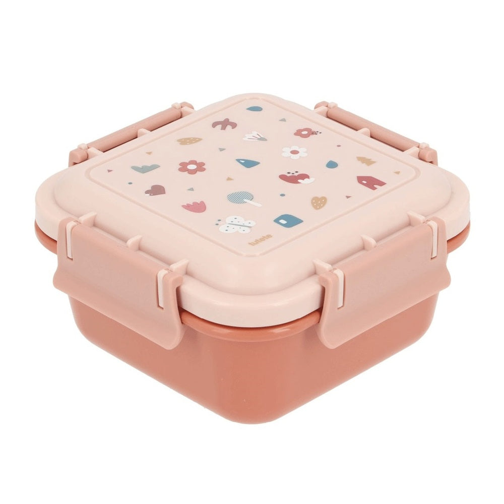 Tutete large kids lunch box in pale pink with pastel lid pattern and snap closures