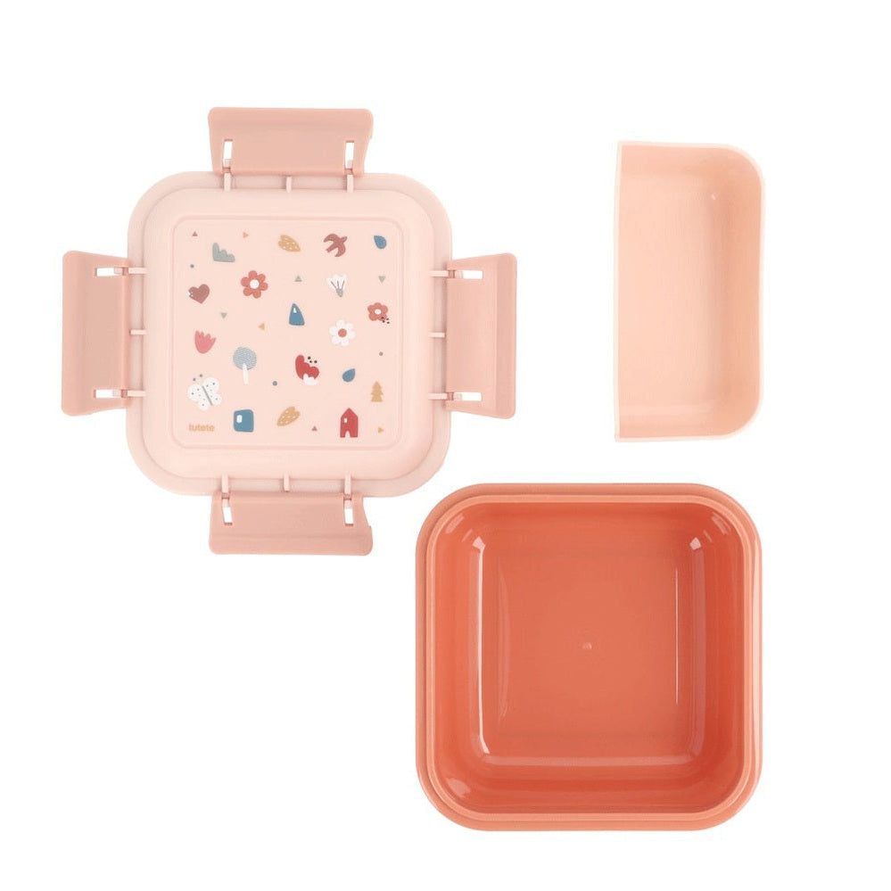 Tutete Kids Large Lunch Box three-piece set in pastel pink with orange inner tray and lid