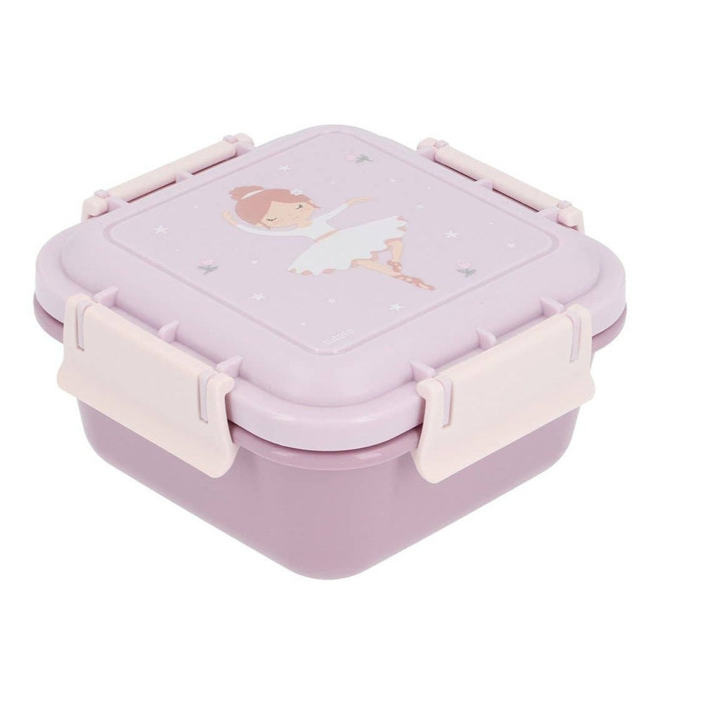 Tutete Kids Large Lunch Box, lavender plastic container with ballerina illustration and pink clasps