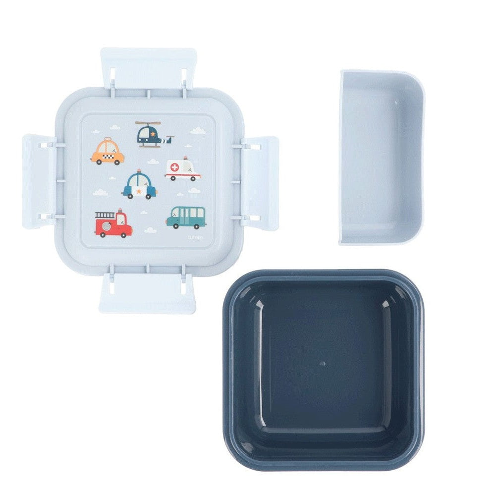 Tutete large kids lunch box in light blue with vehicle illustration lid and dark blue inner container