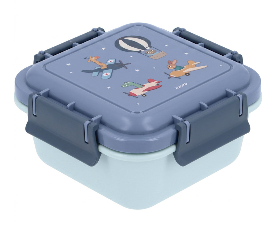 Tutete Large Lunch Box Planes — closed Planes square lunch box in three-quarter view with illustrated lid and four side latches