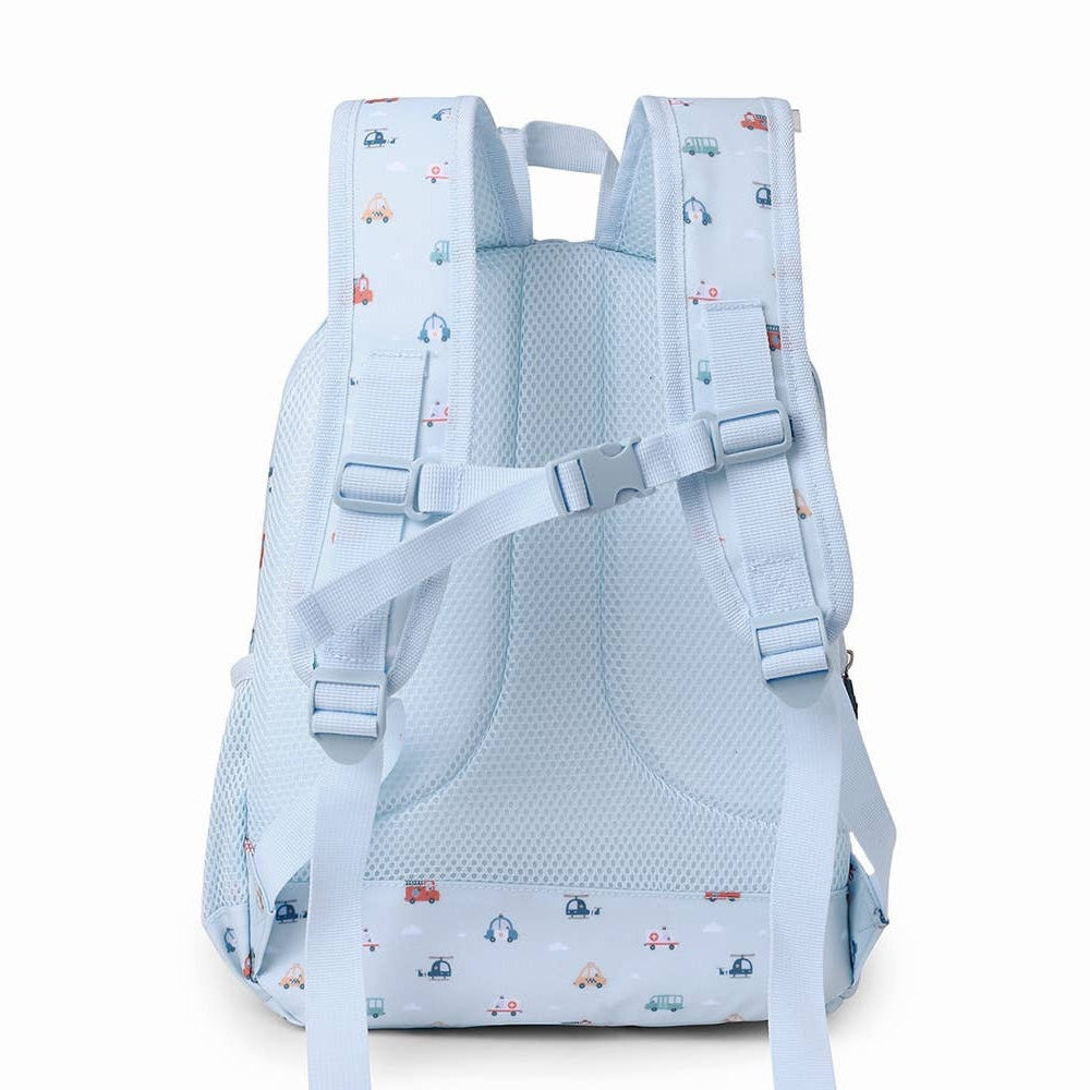 Tutete Kids Medium Backpack in light blue with vehicle print, padded straps and breathable mesh back