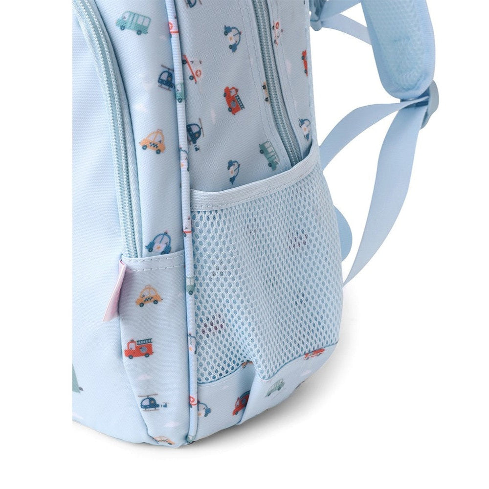 Tutete Kids Medium Backpack in light blue with vehicle print and a mesh side pocket