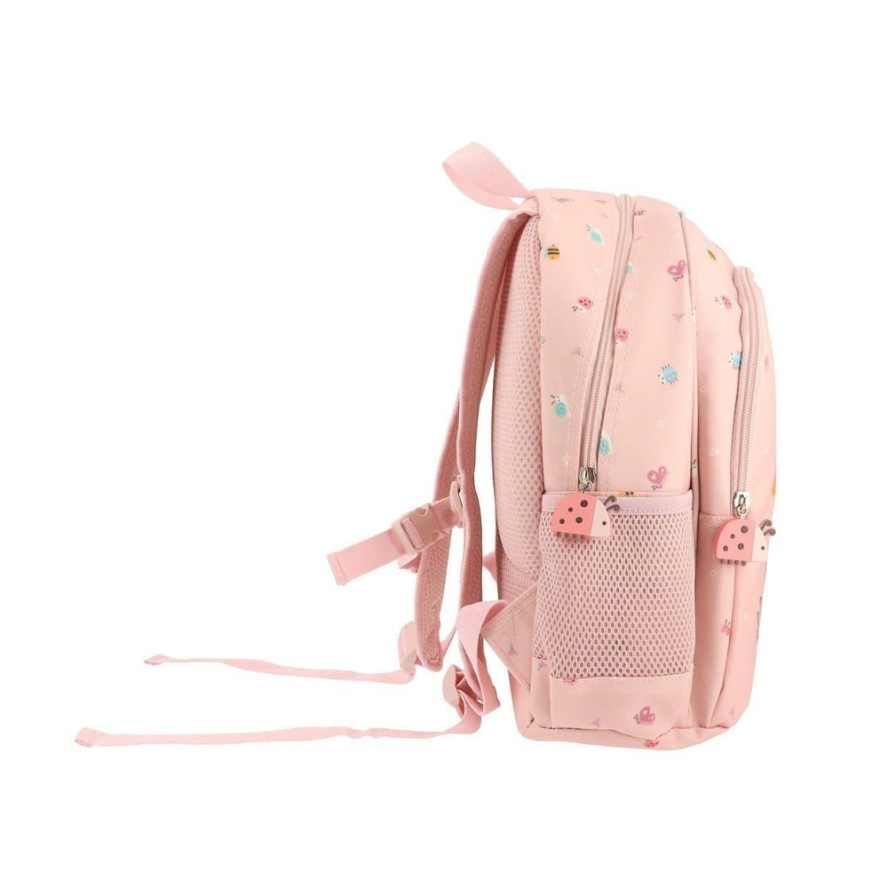 Tutete Kids Medium Backpack in pink with small pattern, mesh side pocket, and ladybug zipper pulls