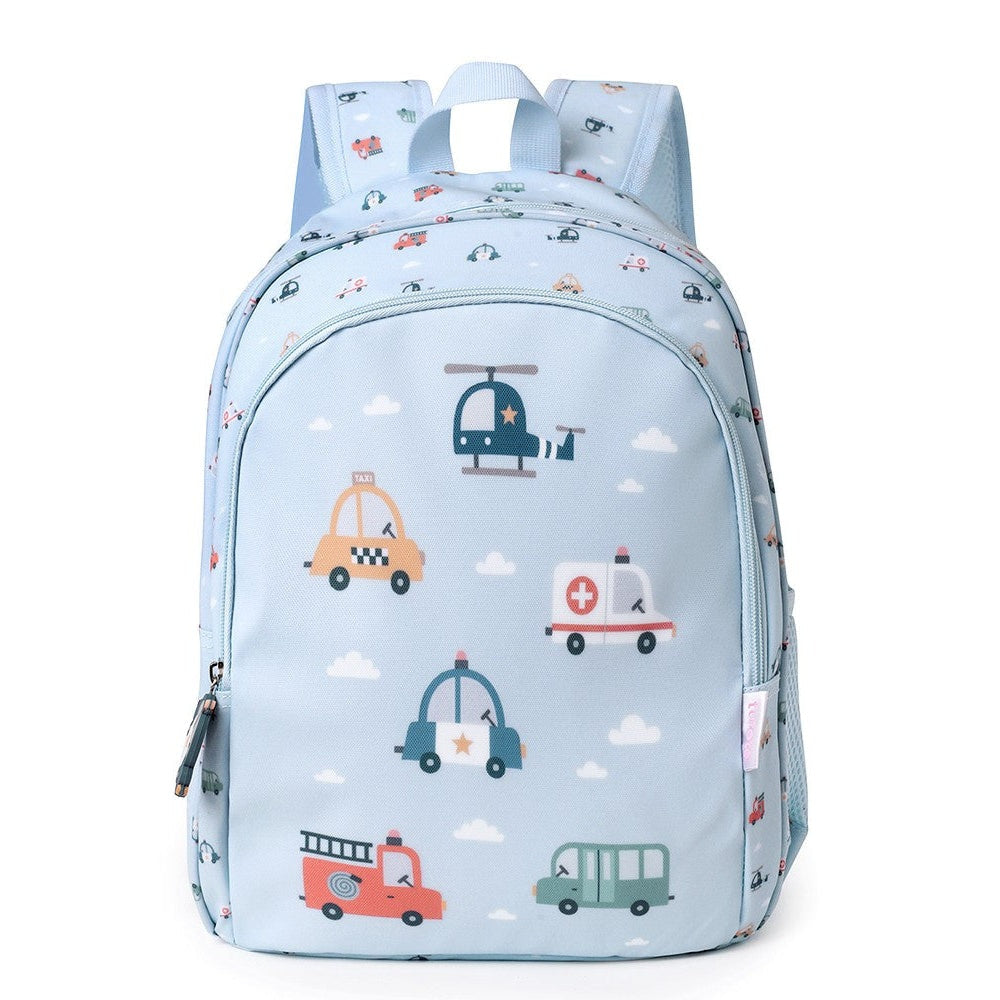 Tutete Kids Medium Backpack in light blue with a playful vehicle pattern (cars, helicopters, ambulance)