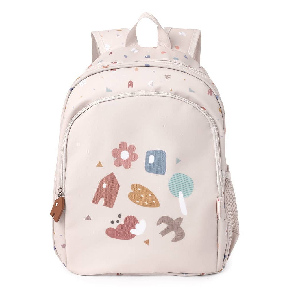 Tutete Kids Medium Backpack beige with pastel abstract shapes, brown zipper pull, side mesh pocket