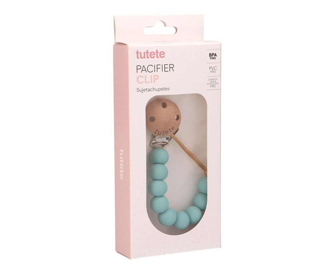 Tutete Pure Aqua silicone pacifier clip displayed in its retail box