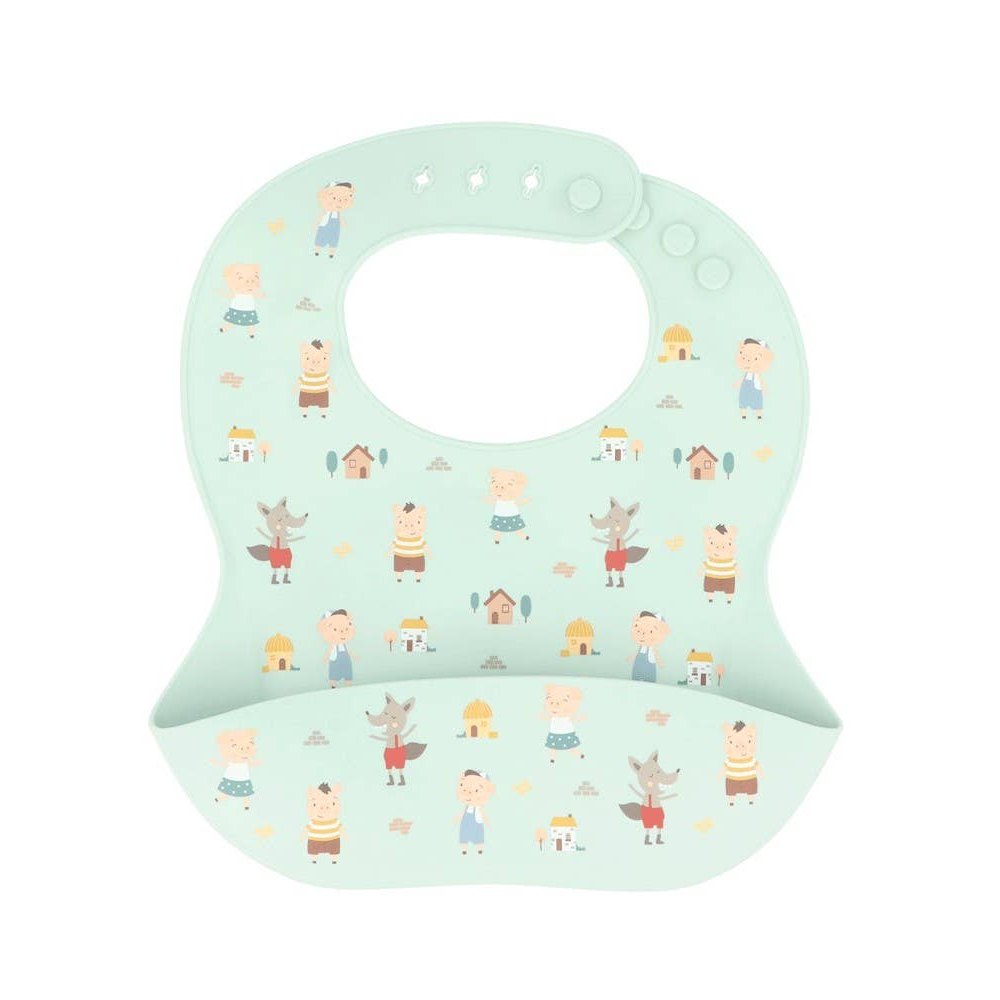 Tutete silicone bibs for babies, mint green with adjustable neck snaps and playful farm-themed prints