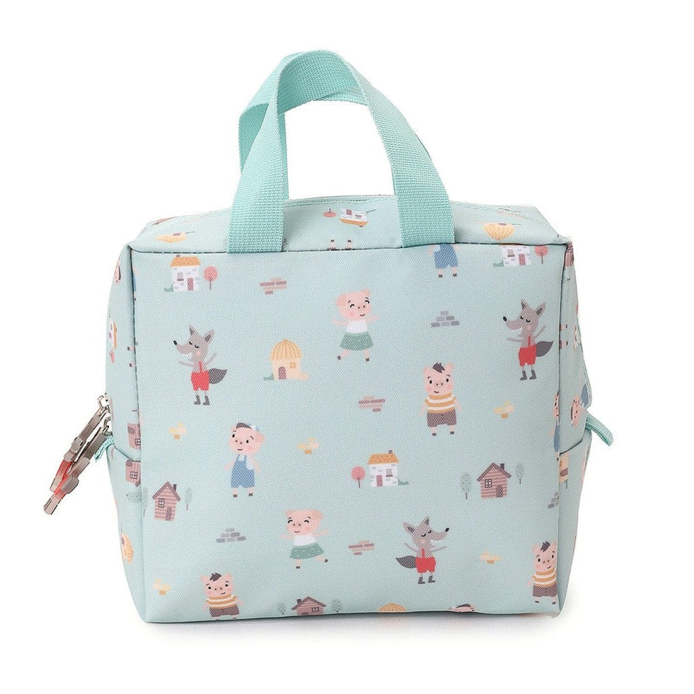 Tutete insulated lunch bag pastel blue with cute animal and village print, teal handles