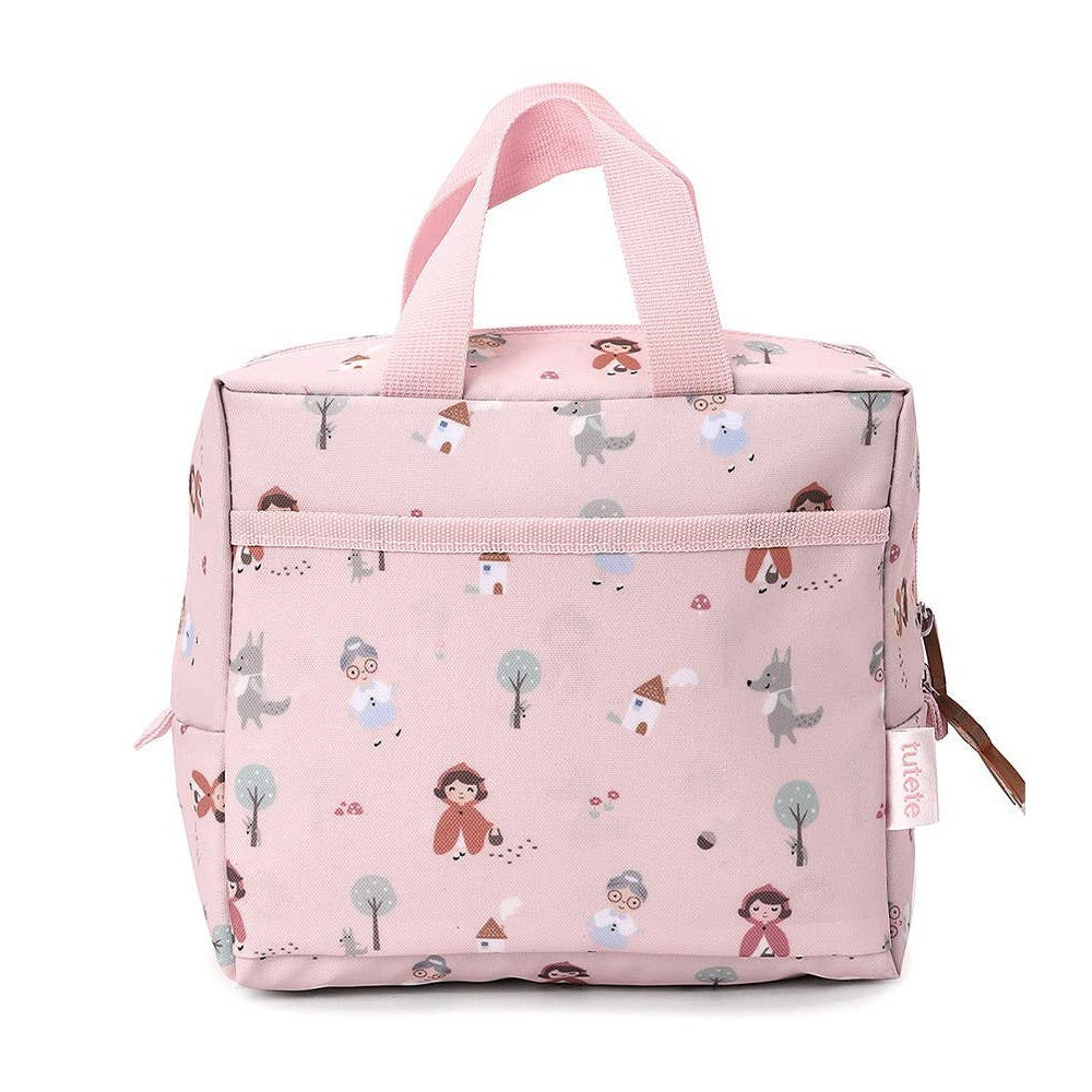 Tutete Kids Insulated Lunch Bag in pink with top handles and animal print pattern