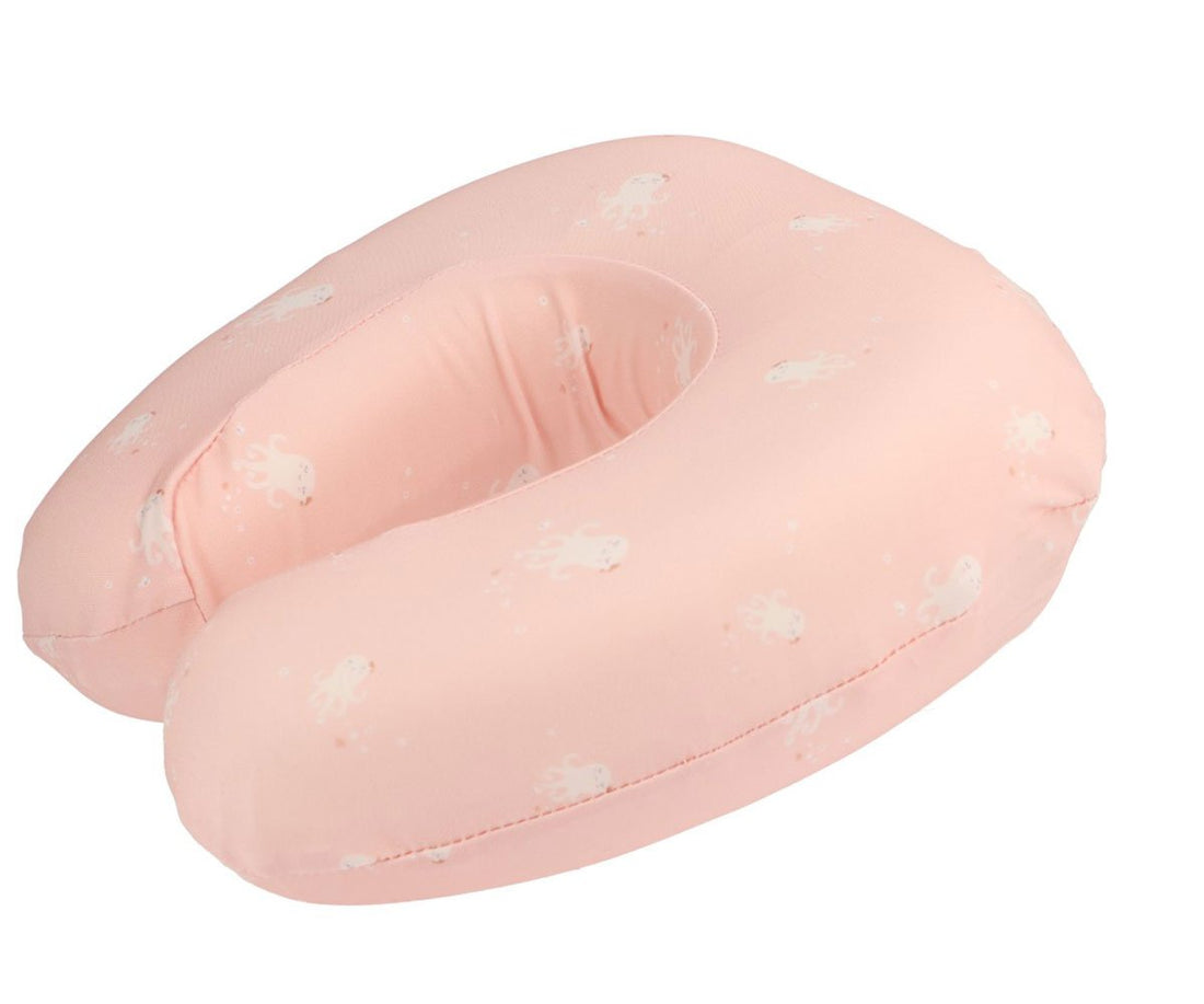Angled view of the Jolie The Octopus pink U-shaped travel pillow