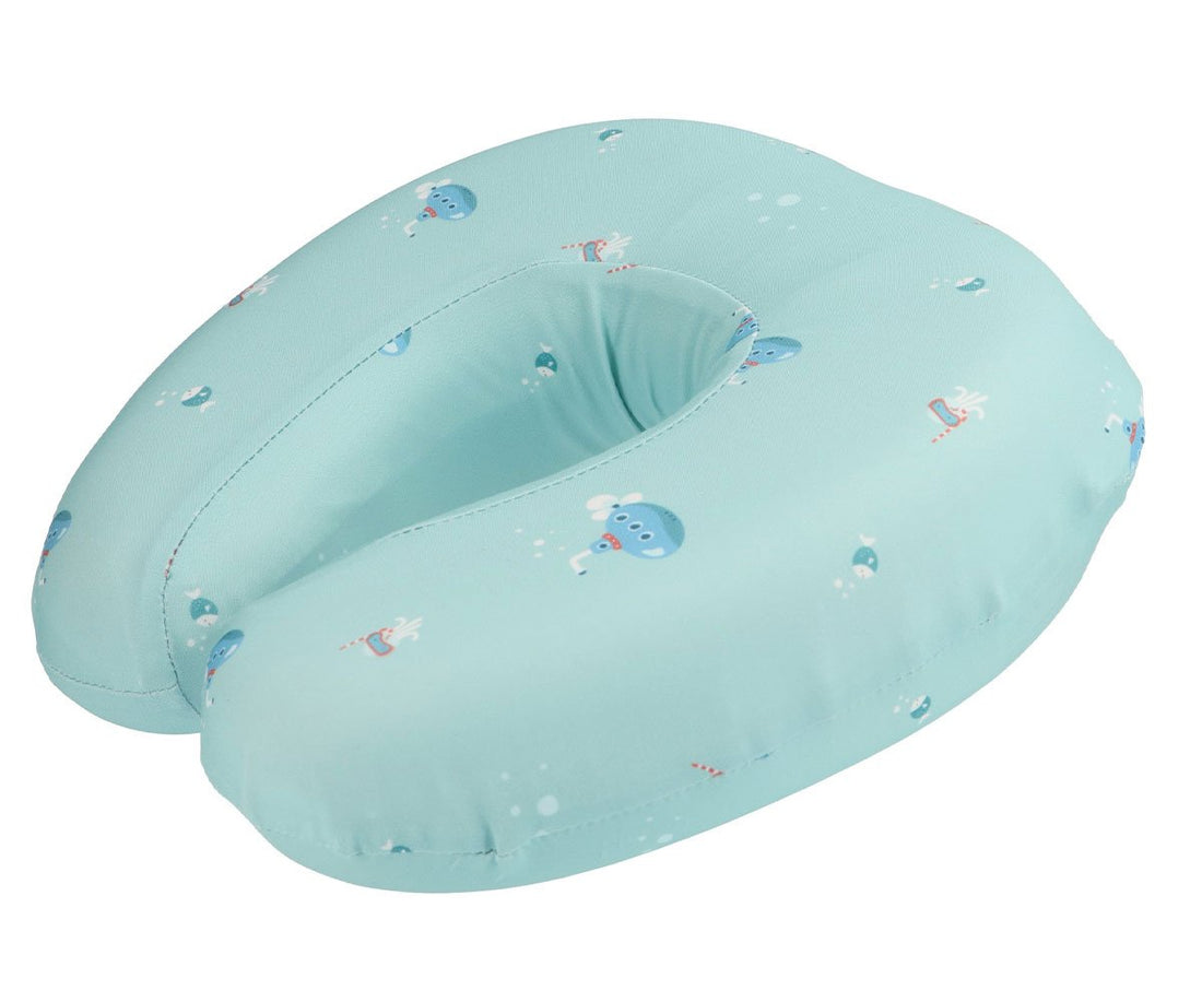 Angled view of the Submarine aqua U-shaped travel pillow