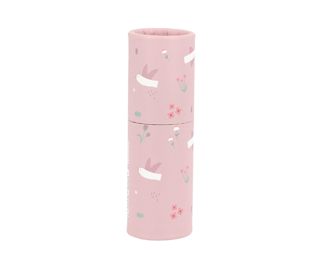 Tutete Tube of 12 Colored Pencils in the Blossom Birds design, closed pink illustrated tube