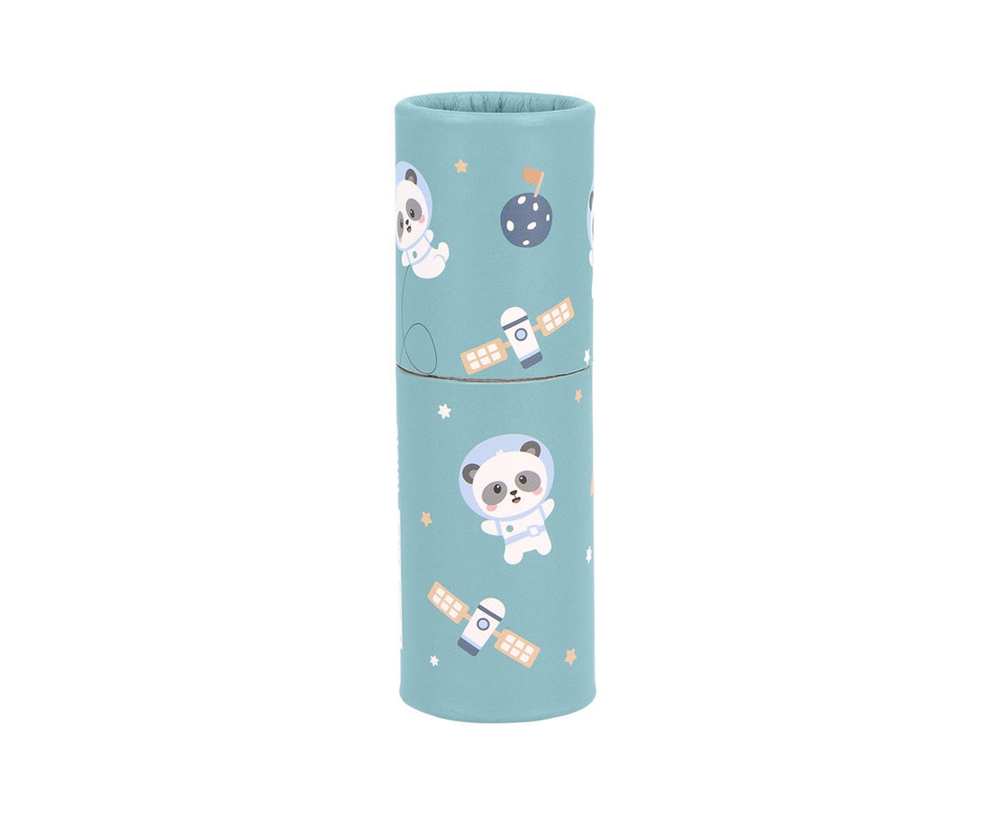 Tutete Tube of 12 Colored Pencils in the Pandas in Space design, closed teal illustrated tube