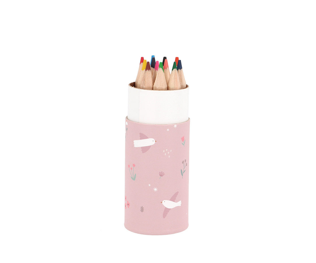 Open Blossom Birds pencil tube with coloured pencil tips visible