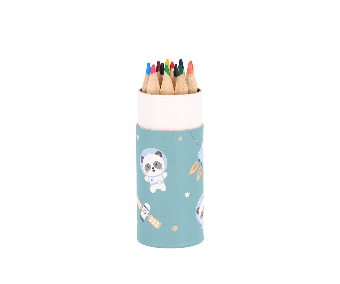 Open Pandas in Space pencil tube with coloured pencil tips visible