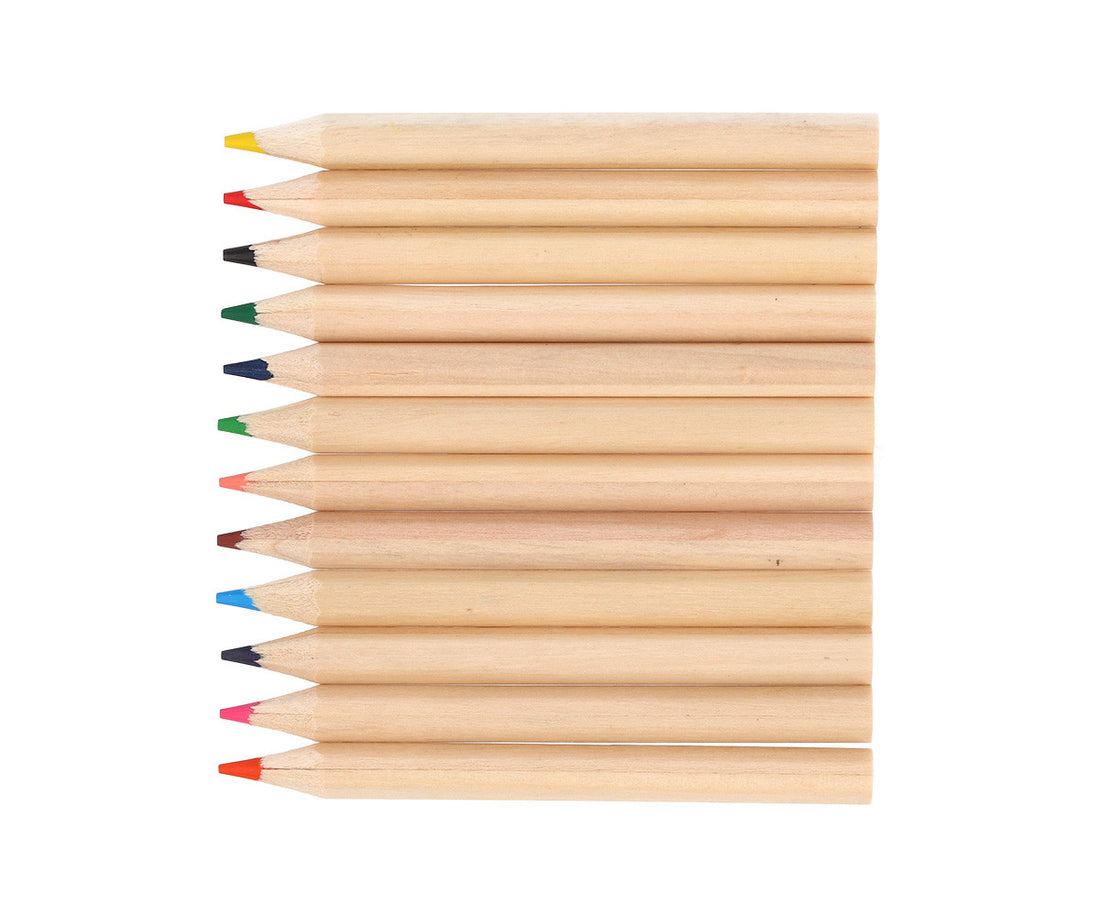 Twelve short natural-wood coloured pencils arranged with sharpened coloured tips
