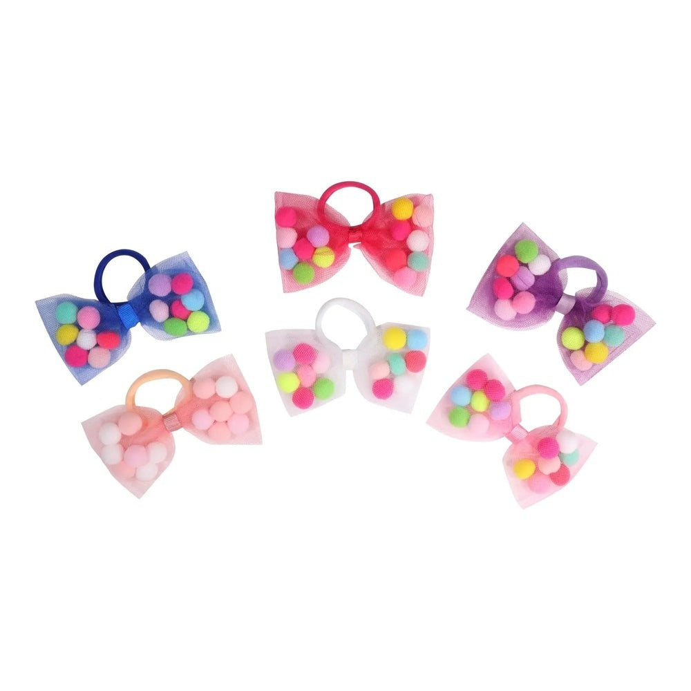 Tutu Joli LLC pom pom hair ties with 4-inch bows; pastel tulle on elastic bands, six colorful bows ready to wear.