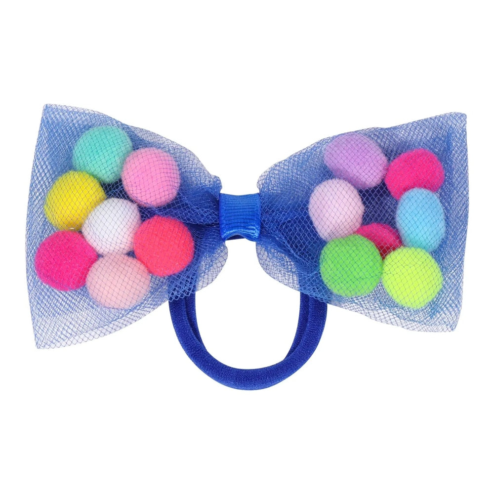 Tutu Joli LLC 2Pc Pom Pom Hair Ties With 4-inch Bow, blue net bow with multicolor pom poms and strong grip.
