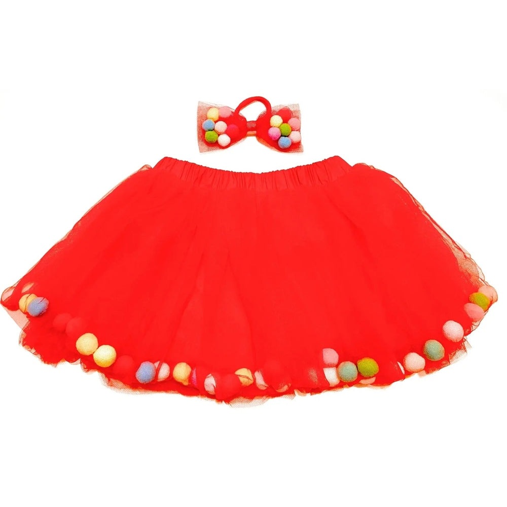 Tutu Joli LLC red Christmas kids pom-pom tutu and bow hair tie; red tulle tutu edged with multicolor pom-poms.