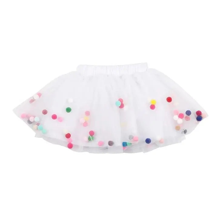 Tutu Joli LLC 2Pc White Kids Pom Pom Tutu & Bow Hair Tie, white tutu with colorful pom poms and matching bow.