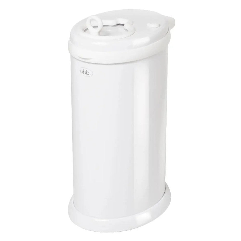 Ubbi Diaper Pail in white plastic with a hinged lid and Ubbi logo visible.