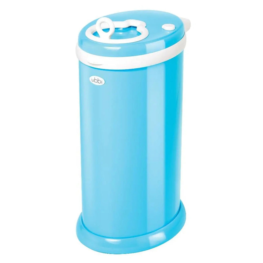 Ubbi Ubbi Diaper Pail in blue with white lid ring, shown standing upright with secure top.