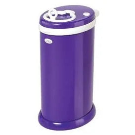 Ubbi Ubbi Diaper Pail in purple with white lid, standing in nursery ready for quick diaper disposal.