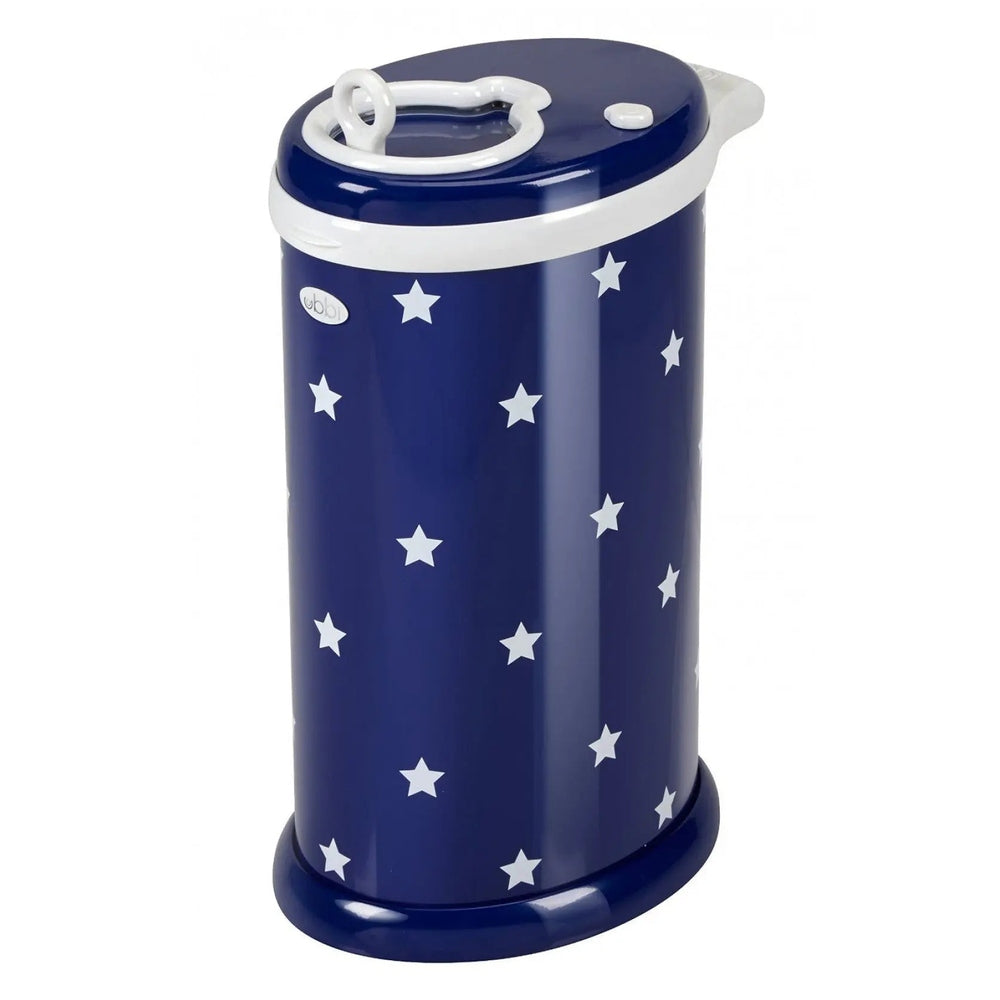 Ubbi Diaper Pail in navy blue with white stars, white lid ring, compact standing design