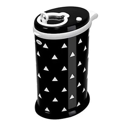 Ubbi Ubbi Diaper Pail in black with white triangle pattern; white lid with easy-access opening.