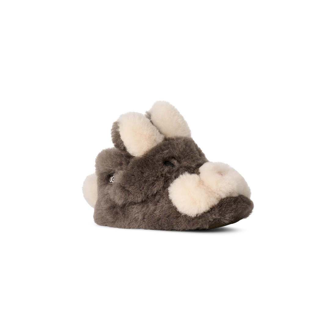 UGG Baby Hop Slipper in Slate, angled front view with contrasting bunny face
