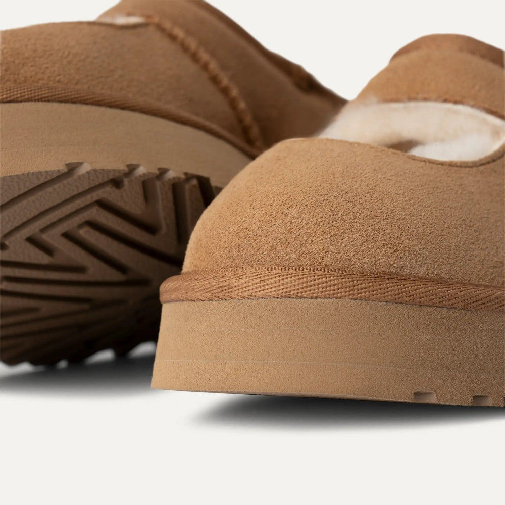 UGG Kids' Bea Mary Jane Chestnut suede shoes with tan rugged sole, close-up of suede upper.