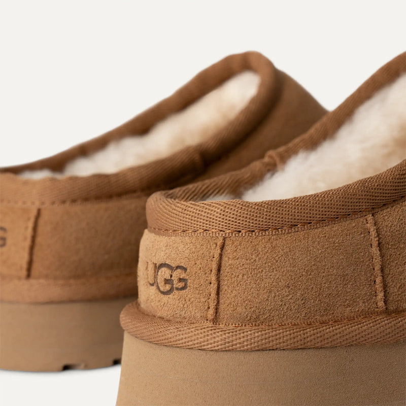 UGG Kids' Bea Mary Jane Chestnut brown suede slippers with plush shearling lining, heel view.