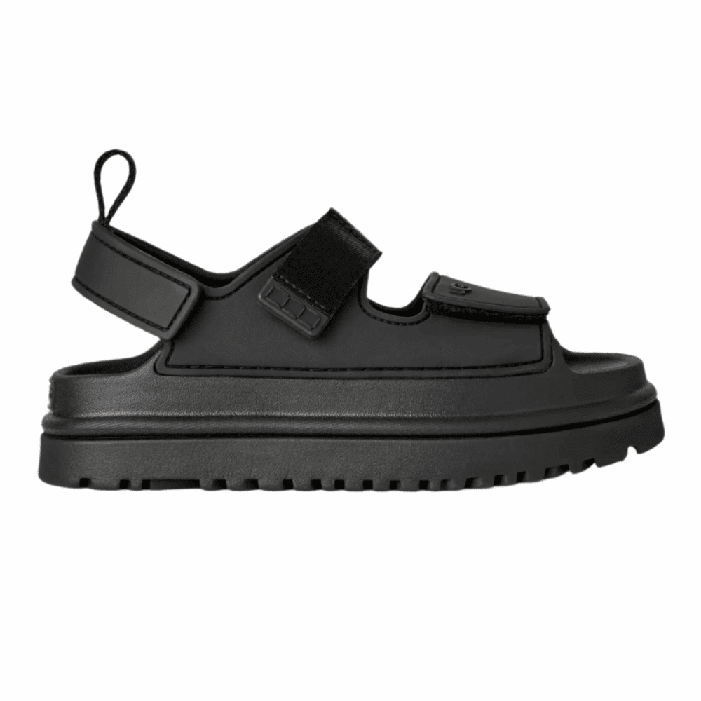 UGG Kids Goldenglow sandal in black with adjustable Velcro strap and thick rubber sole