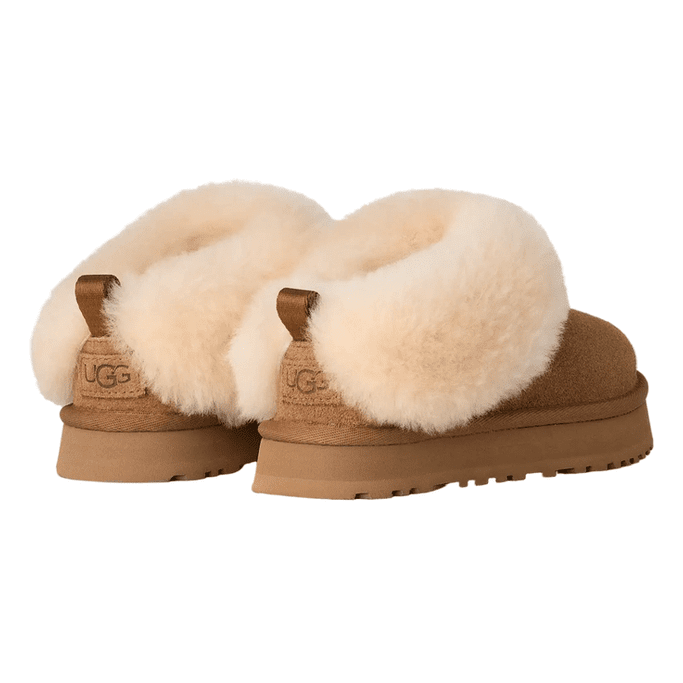 UGG Kids' Tazzelle Chestnut sandals with plush shearling lining; pair shown from the back.