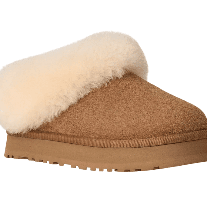 UGG Kids' Tazzelle Chestnut suede slipper with cream shearling cuff and rugged sole