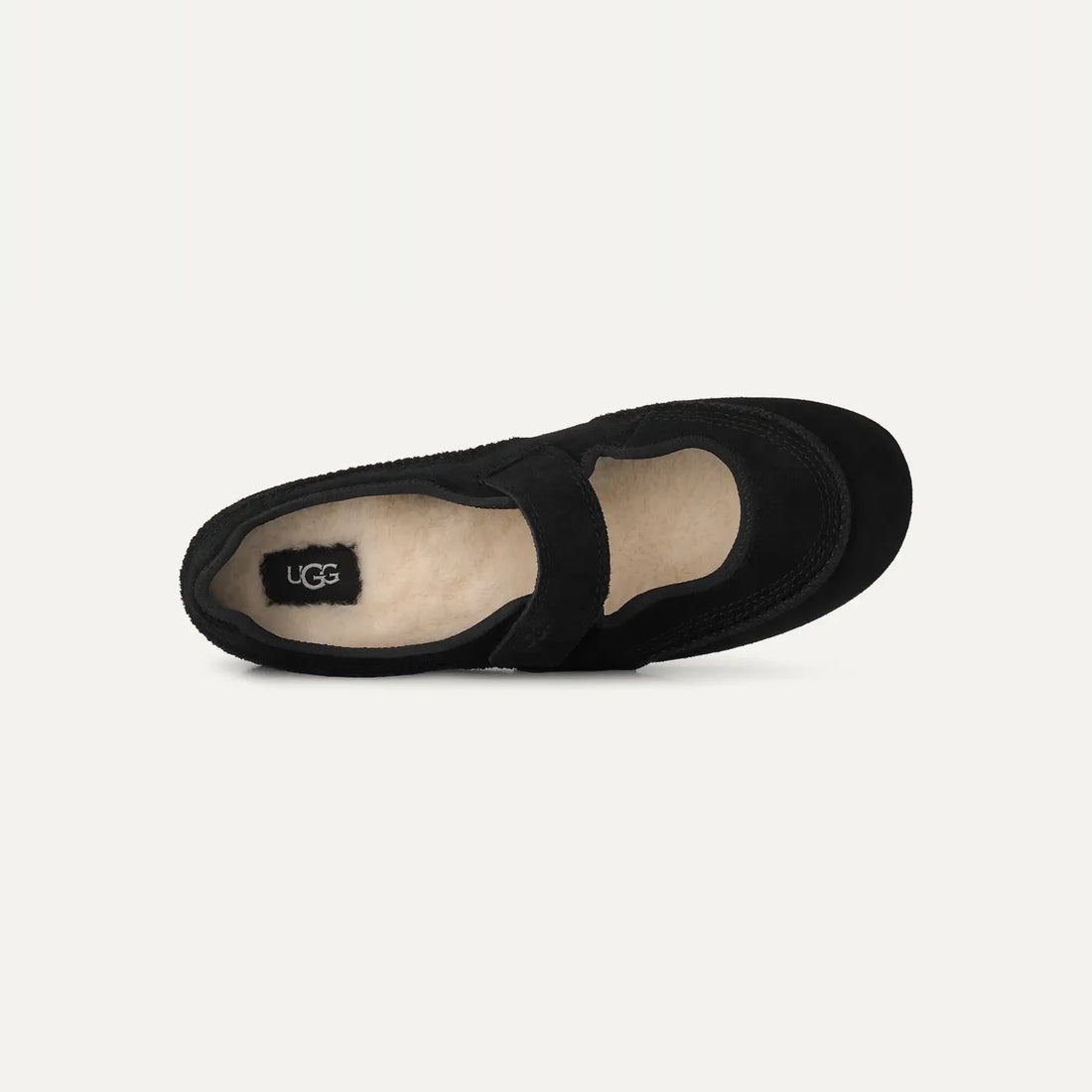 UGG Quill Mary Jane in Black, top view showing sheepskin footbed