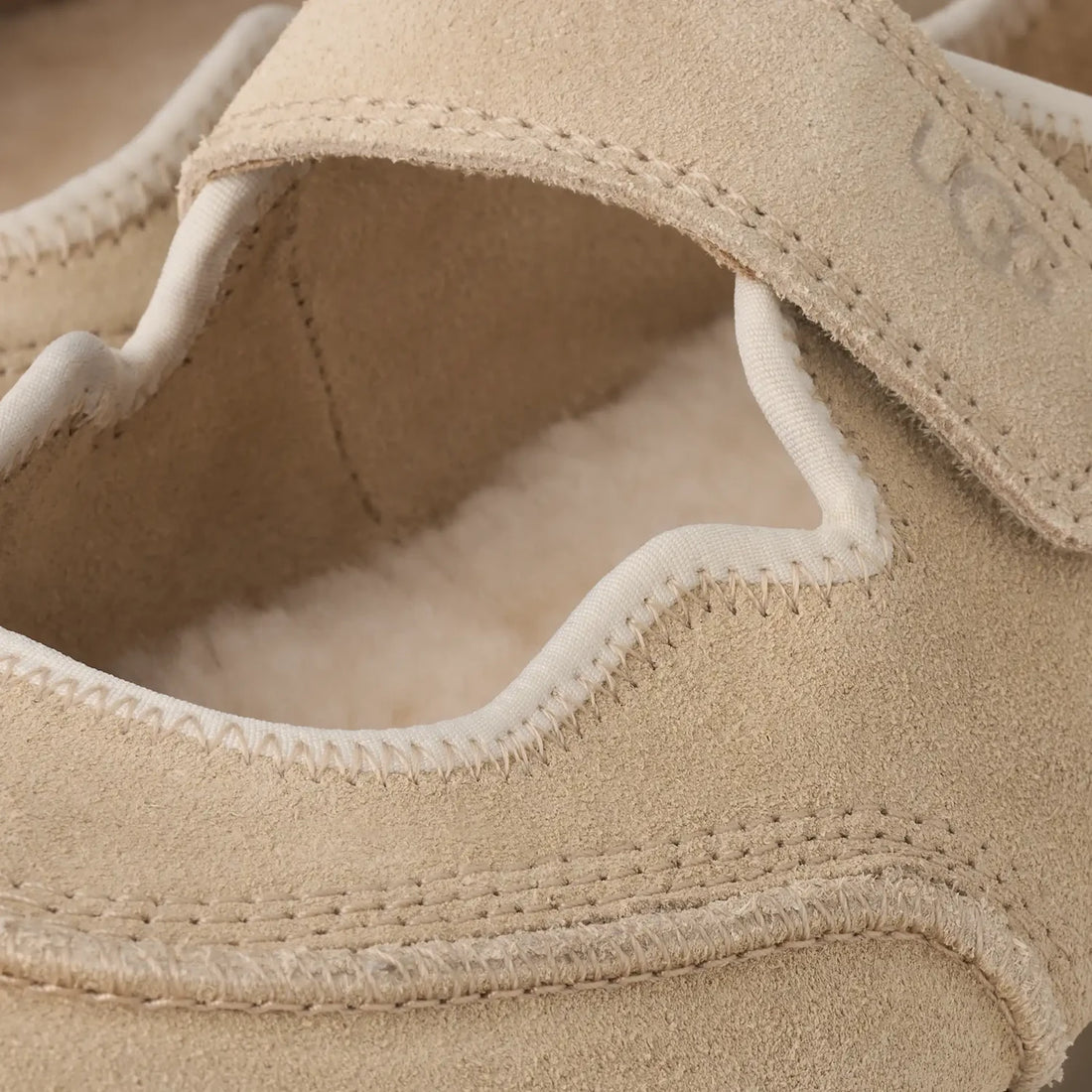 UGG Quill Mary Jane in Sand Castle, close-up of suede upper and sheepskin lining