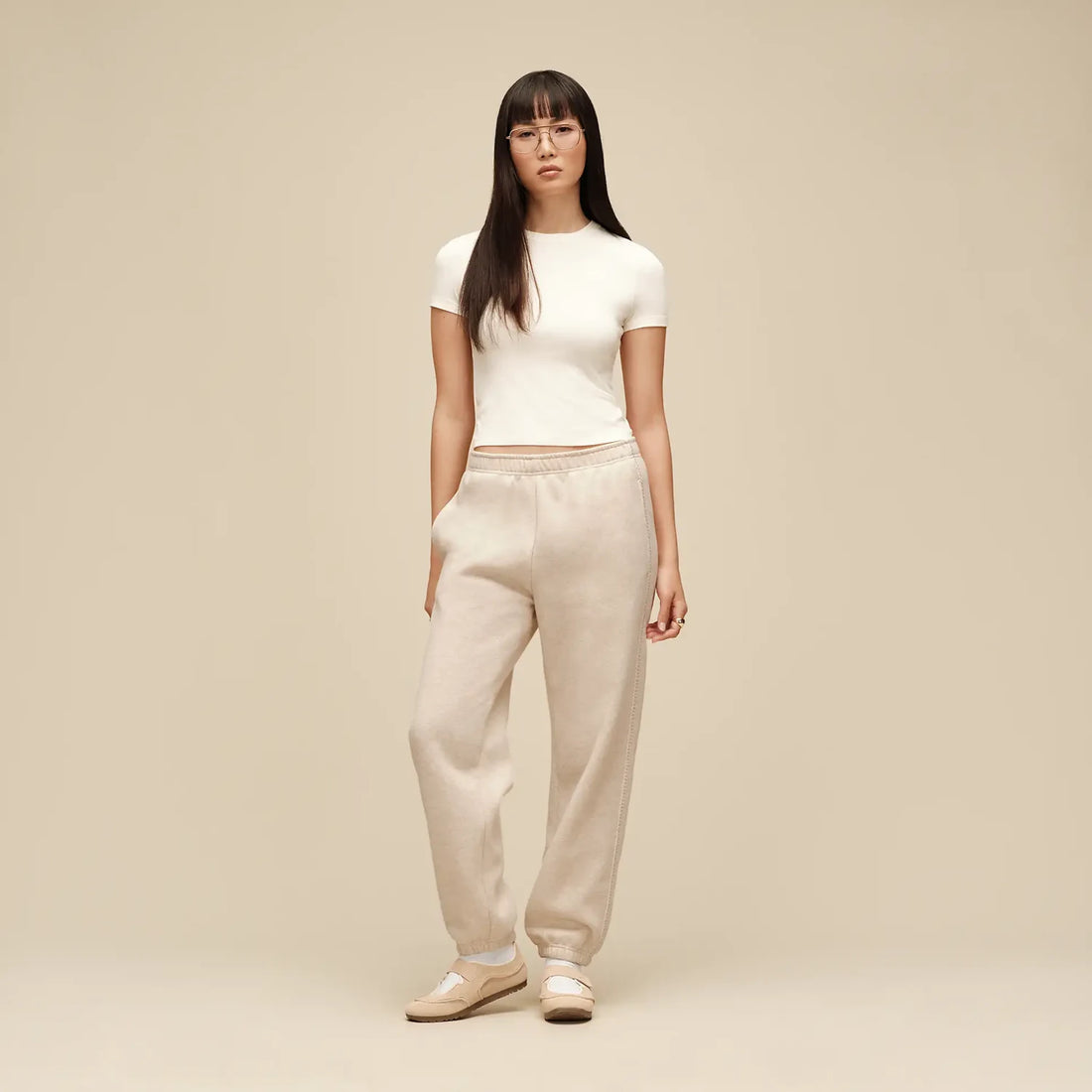 UGG Quill Mary Jane in Sand Castle, worn with a cream top and trousers