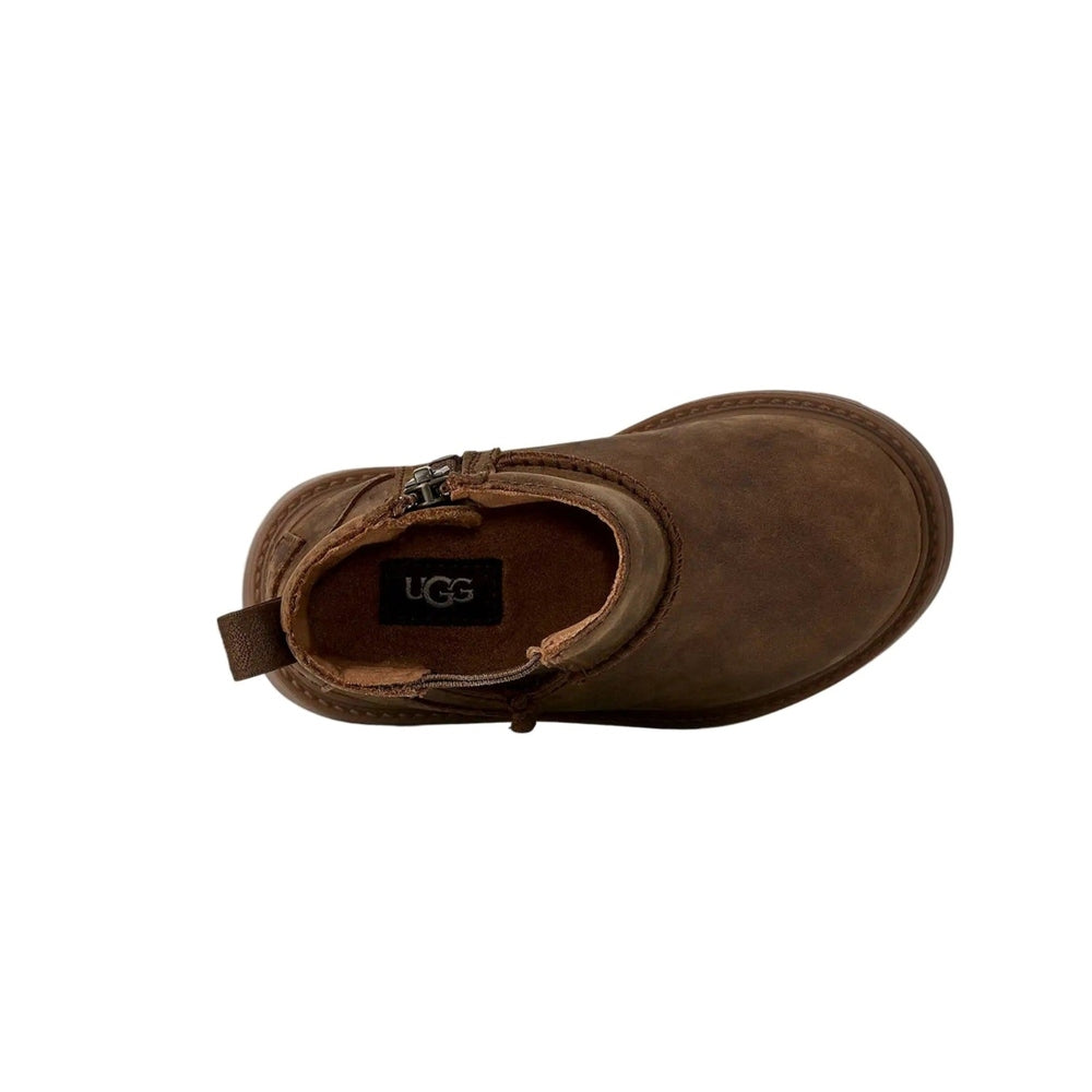 UGG Toddlers' Perry Weather Chelsea Walnut boot, brown suede with side zipper and pull tab, shown top view.