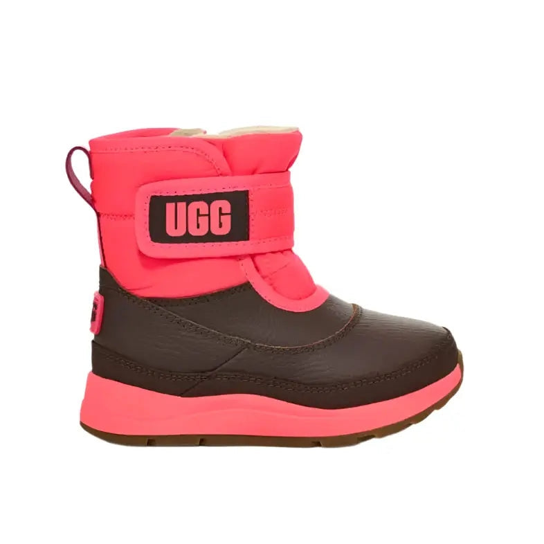 UGG Toddler's Taney Weather-Super Coral boot in pink and brown, with Velcro strap and pink sole.