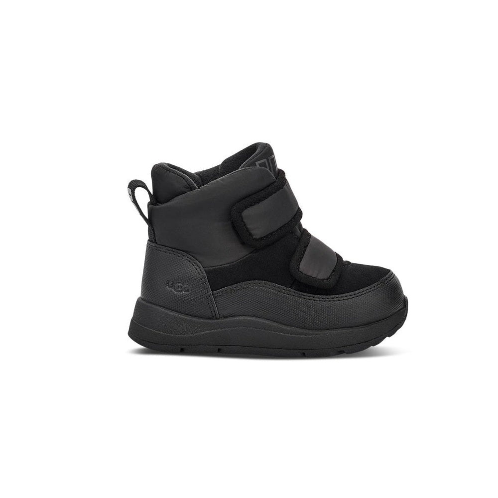 Black toddler UGG Yose Puffer boot with two Velcro straps, padded collar, and chunky sole.