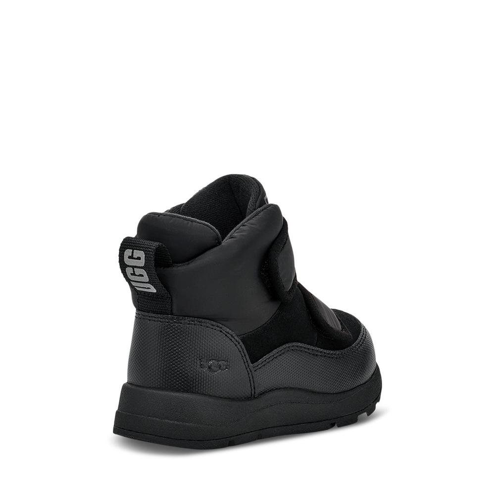 UGG toddler Yose Puffer boot in black with padded quilted ankle and logo pull tab.
