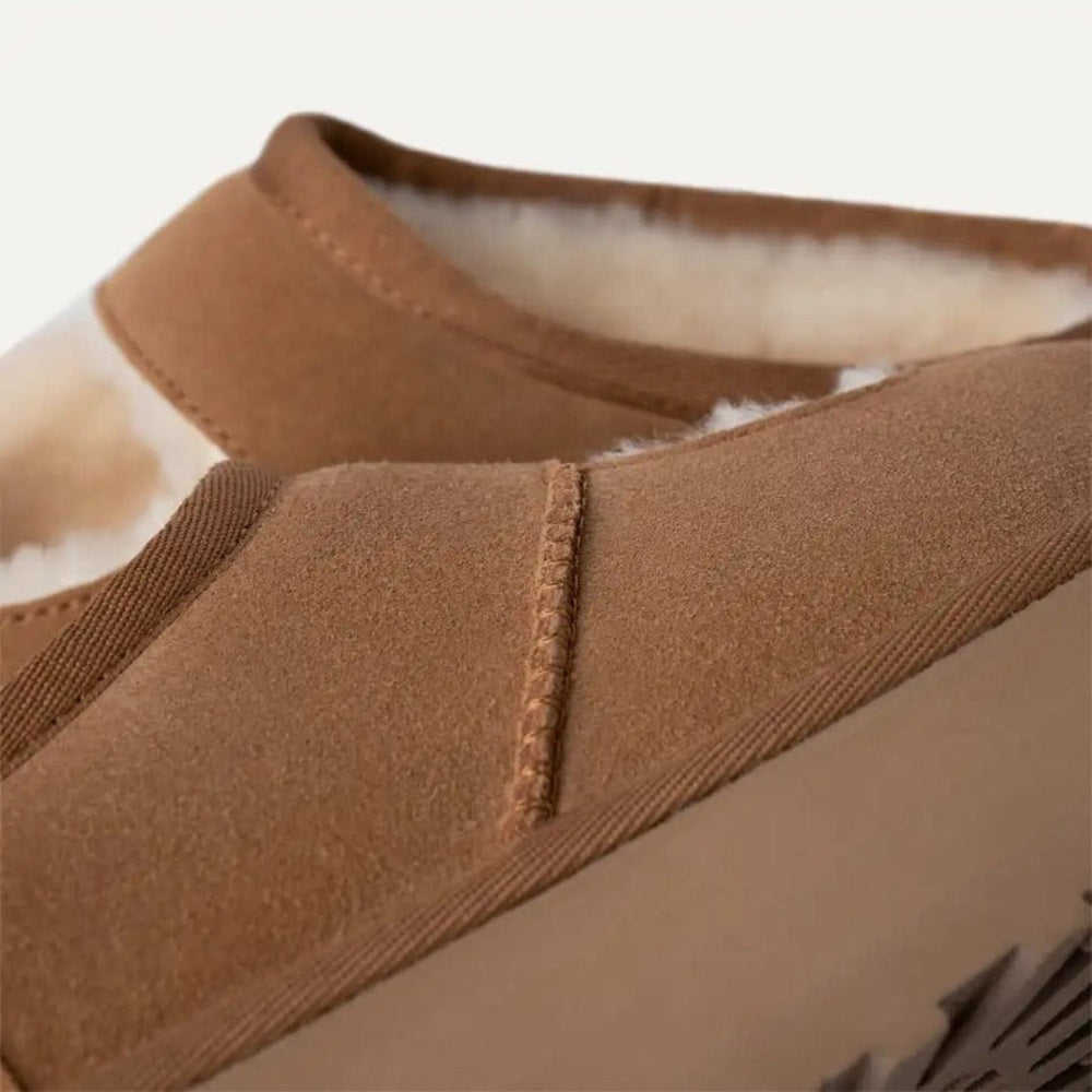 UGG Bea Mary Jane Chestnut sandal in chestnut suede with plush shearling lining visible from the cozy interior and prominent stitching.