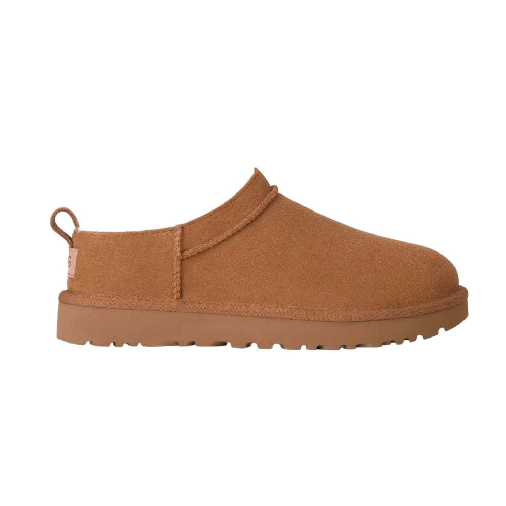 UGG Women's Classic Micro Chestnut suede slip-on bootie with pull loop and rugged sole.